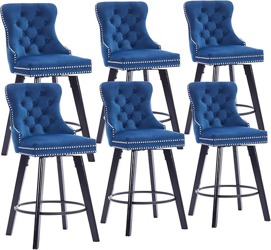 YISHENG Modern Swivel 27" H Seat Set of 6 Velvet Barstools with Backrest and Footrest,Button Tufted Rivet Trim Dining Room Chairs with Metal Pull Ring for Kitchen Island，Bistro, Home Bar，Blue