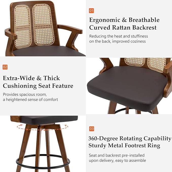 Set of 2 Bar Height Bar Stools - 30 inch Walnut Bar Stools with Cane Back, Upholstered Seat, Curved Arms, Faux Leather, Swivel BarStools for Bar/Pub/Island/Cafe (30" Seat Height, Brown)