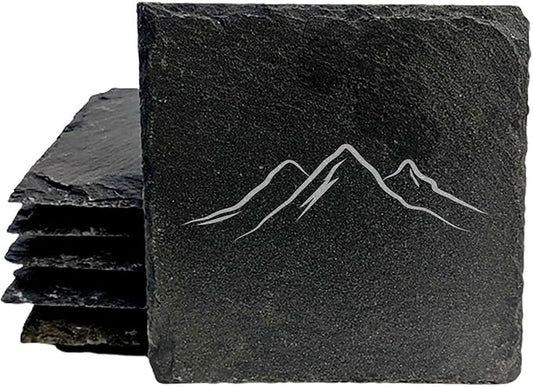 Mountain Majesty Slate Coasters with Stunning Mountain Scene Design - Perfect for Home and Office Decor and Protection of Surfaces, Available in Square or Round Coasters - Square Slate - Set of 8