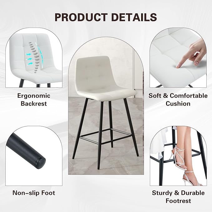 Bar Stools Set of 2,White Faux Leather Counter Height Bar Stools,24.6" Bar Chairs with Back Metal Footrest,Modern Counter Stool with Back and Footrest for Kitchen Island Restaurants Pubs