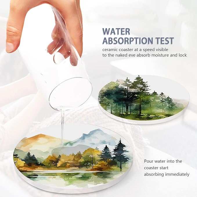 Table Coaster for Drinks Set of 6, Watercolor Misty Forest Round Ceramic Coasters,with Cork Base and Metal Holder,Great Housewarming Birthday Gifts,Home Decor