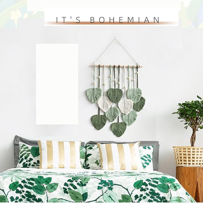 MSFENG Wall Hanging Decor Leaves Tapestry Boho Wall Decor Woven Feather Handmade Yarn Tassels Woven Wall Art Decorations for Nursery, Bedroom, Living Room, Apartment Home Backdrop (LightGreen)