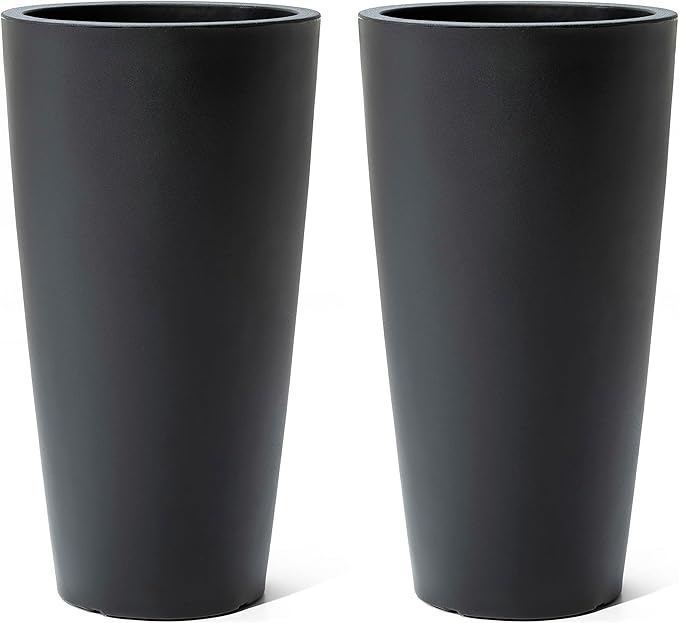Step2 Tremont Tall Round Tapered Planter, Large Planters for Outdoor Plants, Gardening and Flower Pot for Patio or Porch, Efficient Drainage, Durable Plastic, Onyx Black, 2-Pack