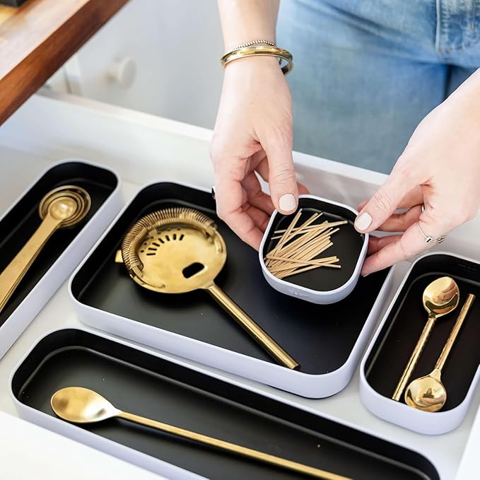 Three by Three Seattle 5 Piece Metal Organizer Tray Set for Storing Makeup, Stationery, Utensils, and More in Office Desk, Kitchen and Bathroom Drawers (1 Inch, Black)