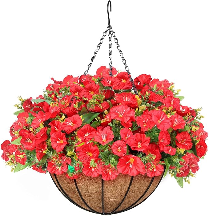 Artificial Hanging Flowers Basket, Fake Plants, for Spring Summer Outdoor Decoration, Faux Silk Petunias Eucalyptus,UV Resistant, Coconut Planter wtih Morning Glories, for Porch Garden Decor (Red)