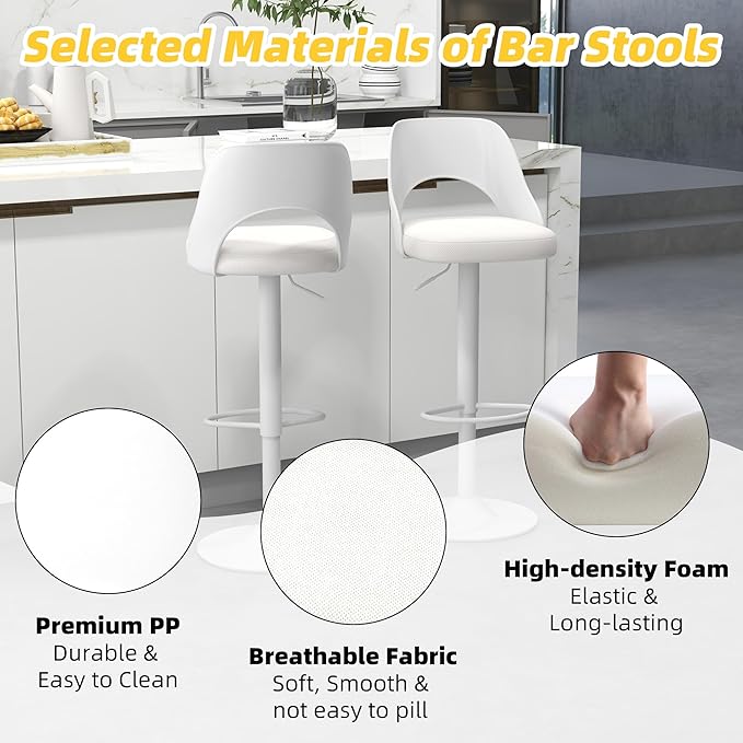 civama Bar Stools Set of 2 for Kitchen Counter, Seat Height Adjustable 25''-33'', Modern Upholstered Swivel Island Chairs with Hollow Backrest Metal Base, White