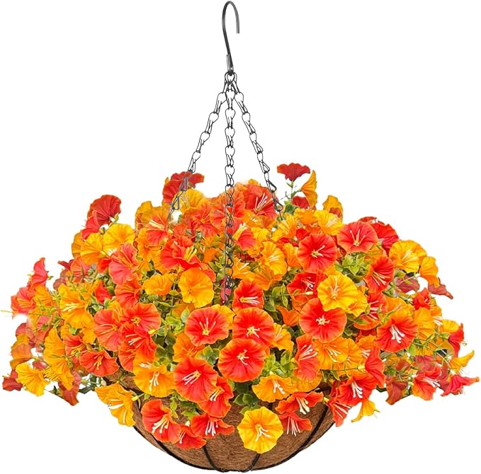 Artificial Hanging Faux Flowers Basket, Fake Silk Petunias Plants Arrangement,for Summer Fall Outdoor Decoration,UV Resistant, Morning Glorias,for Home Garden Decor (Orange&Yellow)