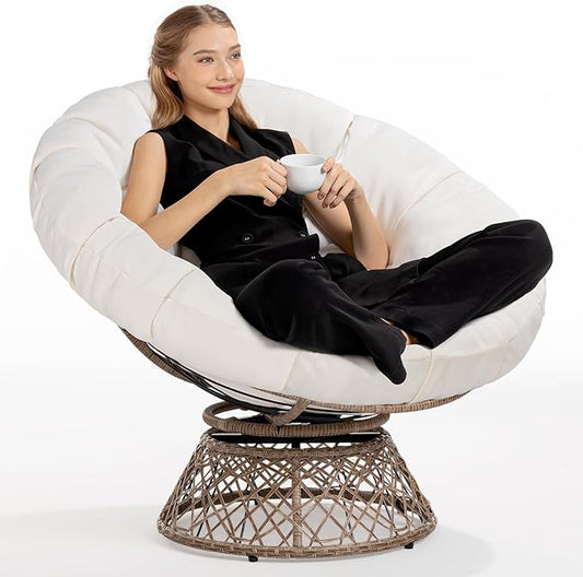 Bme 40" Ergonomic Wicker Papasan Chair with Soft Thick Cushion & Frame, 360° Swivel, Circle, Reading, Comfy Chair for Living Room, Bedroom