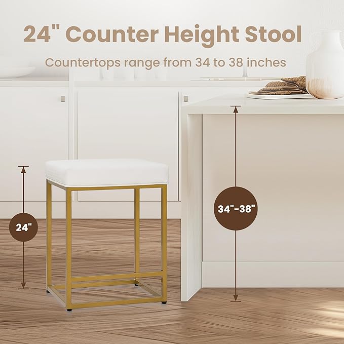 PHI VILLA White and Gold Bar Stools Set of 2 - Thick Cushion Metal Steel Frame Base with Footrest 24 Inch Barstools, Counter Height Bar stools