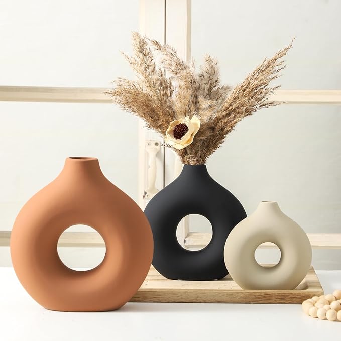 Ceramic Vase Home Table Decor - Flower Vases Set of 3 Small Living Room Centerpiece Decorations for Shelf Bedroom Office Kitchen Dining Desk Modern Aesthetic Farmhouse Decorative (Rust)