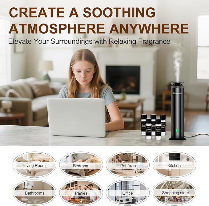 Waterless Scent Diffuser Starter Kit - 1000 Sq Ft Coverage, Premium Essential Oil Diffuser for Home, Hotel & Office, 5 Essential Oils Included, Remote Control, Black