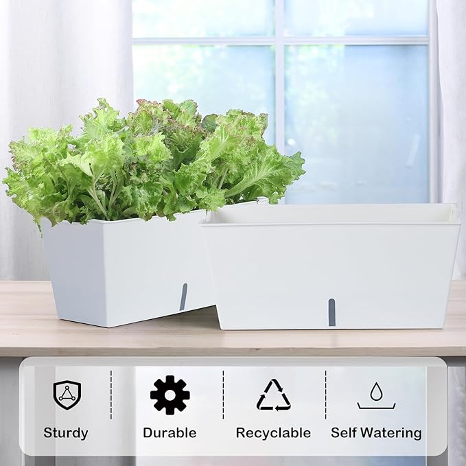 Window Box Planter 6 Pcs, 16.5 Inches Self Watering Rectangle Flower Plant Pots with Drainage Holes Trays, Vegetable Planters for Windowsill Patio Garden Balcony Porch Yard (White)