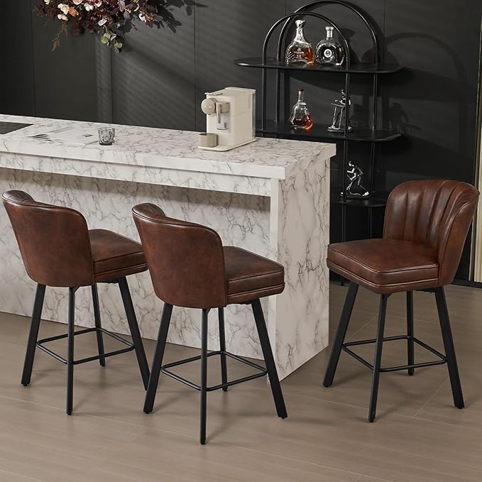 Swivel Counter Height Bar Stools Set of 2, 26'' Modern Barstools with Backs and Metal Legs, Upholstered Bar Chairs, Faux Leather Brown Stools for Kitchen Island Chairs