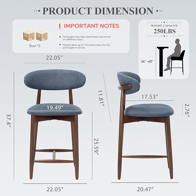 COLAMY Upholstered Counter Height Bar Stools Set of 2, Modern Kitchen Island Barstools Chairs with Back and Wood Legs for Dining Room Bar, Blue