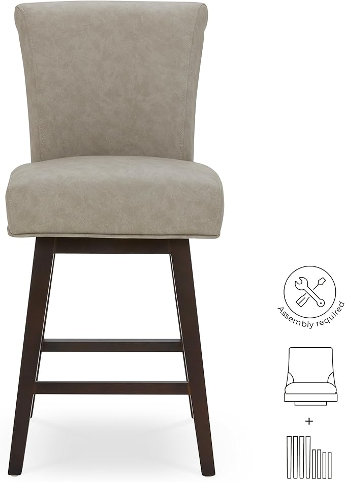 CHITA 26 Inch Counter Height Swivel Bar Stools Set of 3, FSC Certified Modern Upholstered Faux Leather Swivel Barstool Chair with Back, Stone Grey