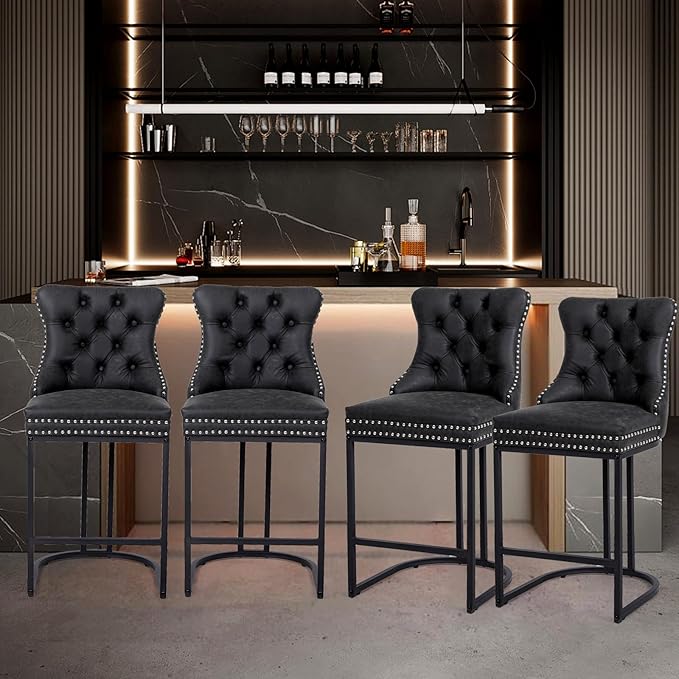 Counter Height Bar Stools Set of 6, 24" Modern Barstools with Back, Faux Leather Upholstery Counter Chairs with Metal Legs for Kitchen Island, Bar, Counter, Black