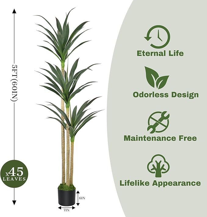 5ft Faux Agave Plant Artificial Tree with 45 Leaves and 3 Large Realistic Trunks,Fake Floor Potted Artificial Tall Plants for Home Office Garden Decor Indoor (5Feet,1Pack)
