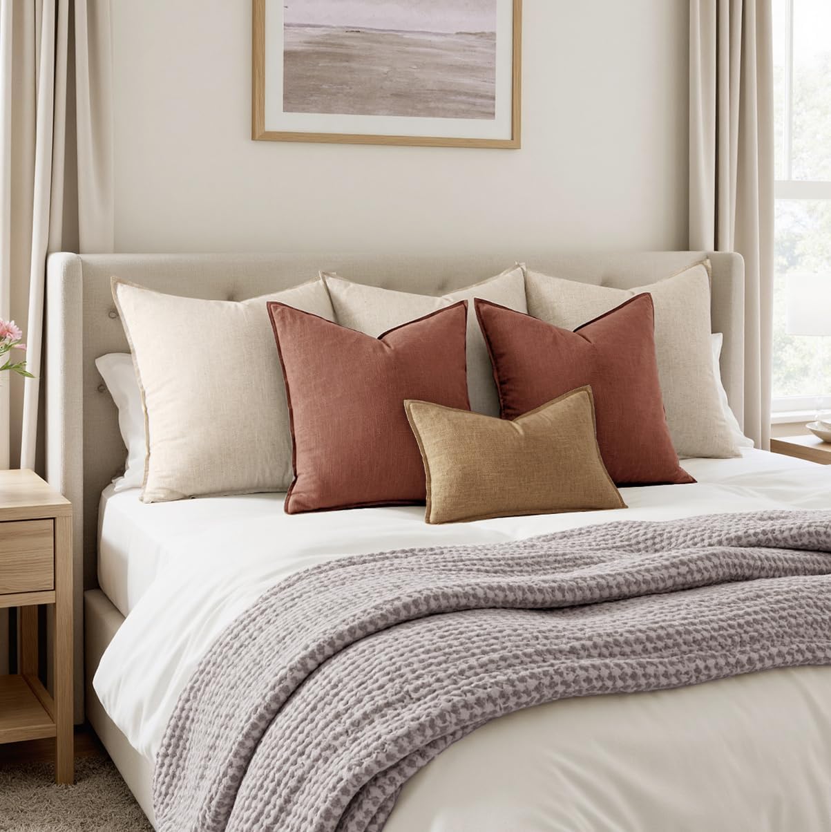 MIULEE Fall Decorative Linen Pillow Covers 18x18 Inch Rust Red Boho Farmhouse Neutral Couch Throw Pillows for Bed Pack of 2 Accent Modern Pillowcase Sofa Livingroom Home Decor