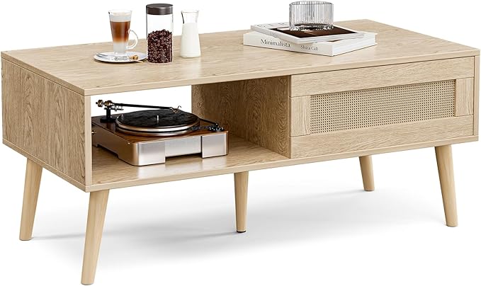 Wood Coffee Table with Storage, Boho Dining Table with Sliding Rattan Door Panel and Solid Wood Legs, Small Coffee Tables for Living Room, Oak (Oak_LSJ008)