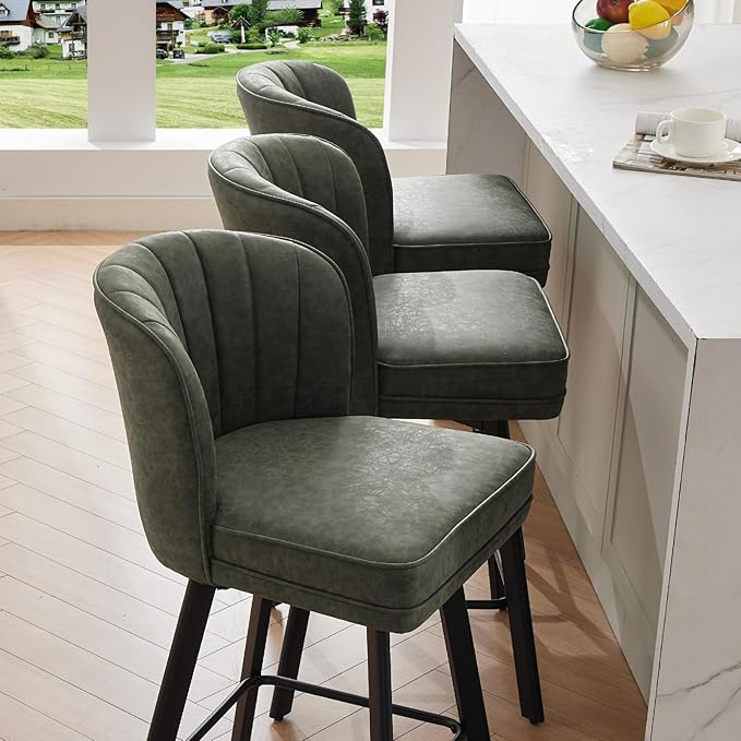 Swivel Counter Height Bar Stools Set of 2, 26'' Modern Barstools with Backs and Metal Legs, Upholstered Bar Chairs, Faux Leather Green Stools for Kitchen Island Chairs
