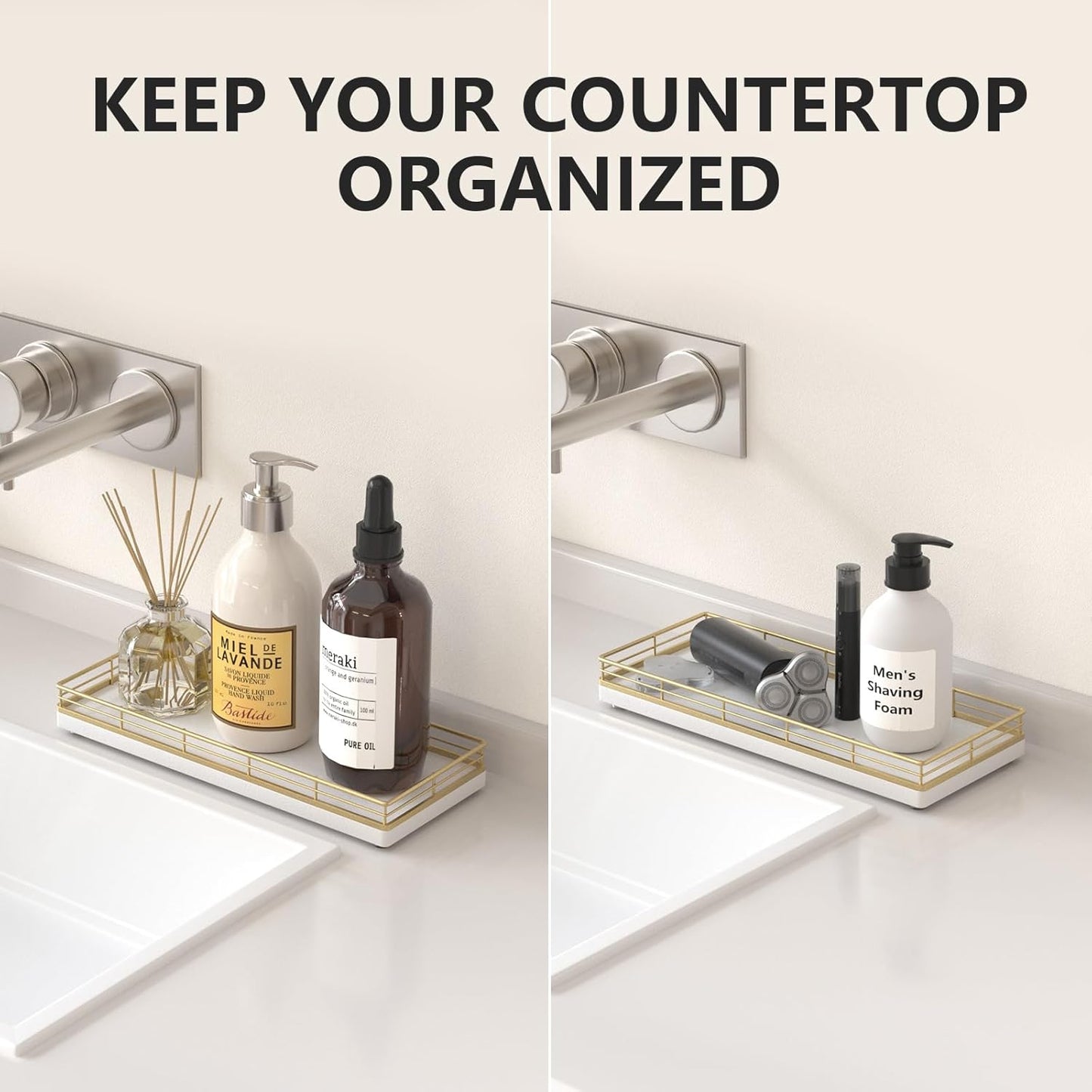 Bathroom Tray for Counter Top Organizer – Oak Wood Vanity Tray with Metal Frame for Dresser, Kitchen, Nightstand – Gold & White Decorative Storage