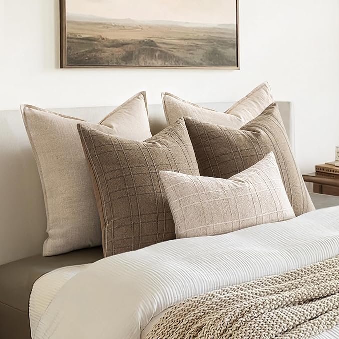 MIULEE Decorative Linen Check Lumar Throw Pillow Covers Neutral Farmhouse Vintage Christmas Pillow Covers 12x20 Set of 2 Boho Modern Home Decor for Sofa Couch Bedroom Cushion Natural Beige