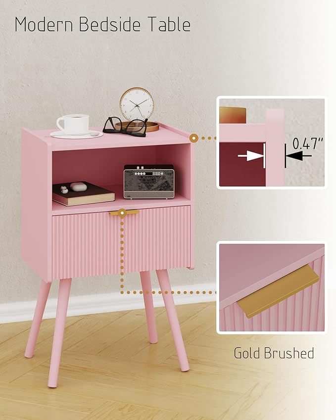 Nightstand,Modern Bedside Table with Storage Drawer and Open Wood Shelf, for Living Room, Bedroom and Small Spaces, Accent Night Stand with Solid Wood Legs, Easy Assembly,Classic Pink