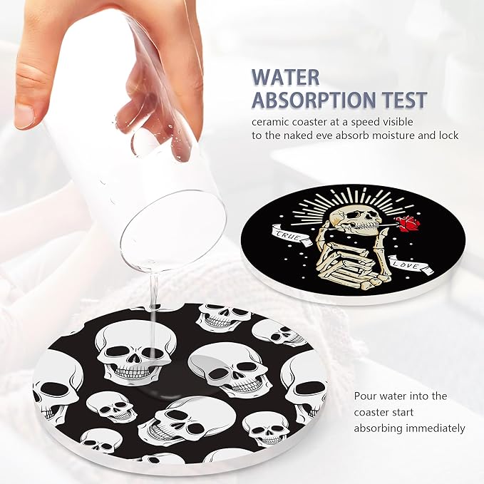 Coaster for Drinks Set of 6, Skeleton Skull Absorbing Round Ceramic Stone Coaster with Cork Base,Tabletop Protection Mat for Mugs and Cups,Coffee Table Wine Glass Home Bar 4 Inch