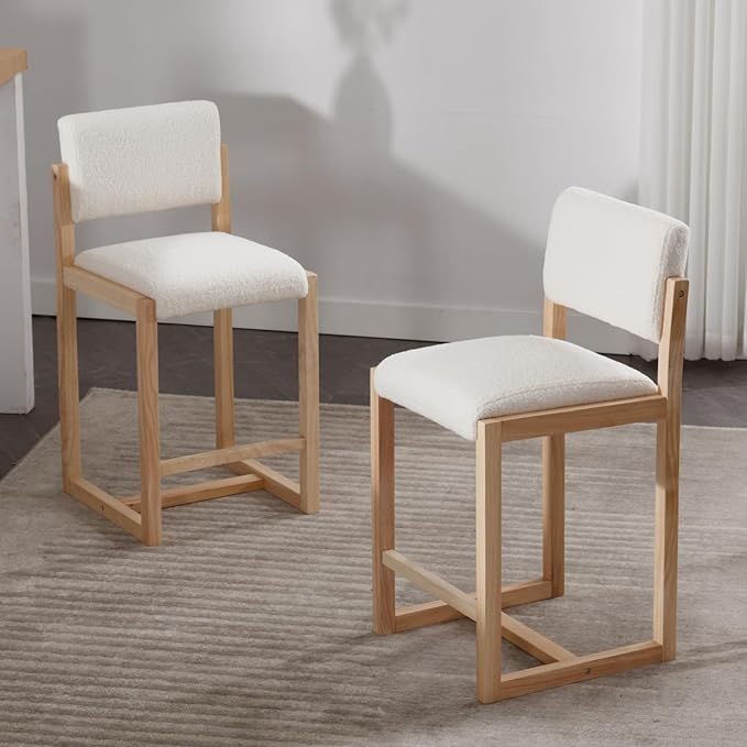 Mid-Century Bar Stools Set of 6, 26 Inch Modern Counter stools Sherpa Fabric Bar Chairs with Backrest Wooden Frame for Kitchen Island Dining Room, White