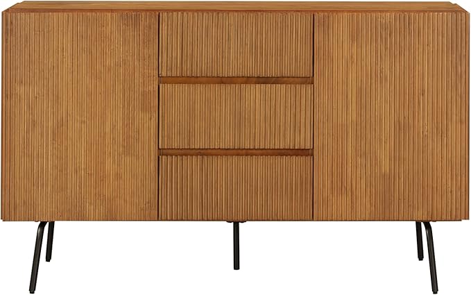 NTC Veil Sideboard with 2 Doors and 3 Drawers, Buffet Cabinet with Vertical Groove Design and Metal Legs, Storage Cabinet for Living Room, and Entryway, Effortless Assembly, Teak Look