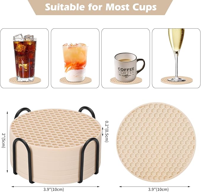 Tapioca Silicone Coasters Set of 16 with Holder, Drinks Coasters, Suitable for Hot or Cold Cups, Anti-Slip, Non-Stick, Anti-Overflow Tabletop Protection and Decor
