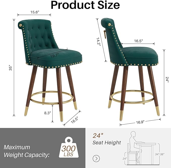 Counter Height Bar Stools, 360° Swivel Counter Stools Set of 2, Upholstered 24" Velvet Barstools with Back and Footrest for Kitchen Island, Seat Height, Solid Wood Legs, Fabric in Green
