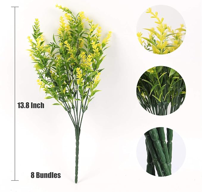 RECUTMS 8 Bundles Artificial Lavender Flowers for Outdoor Decoration, UV Resistant Fake Shrubs Greenery Bushes House Office Garden Patio Indoor Outdoor Decor (Yellow)