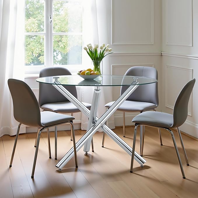 Kitchen Table Classic Dining Table for 4 Round Glass Dining Table 42" Kitchen & Dining Room Tables with Metal Legs and Glass Tabletop for Dining Room and Apartment, Silver