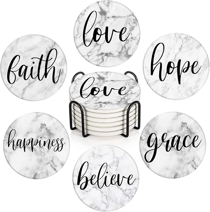 Britimes Coaster for Drinks Set of 6, White Marble Inspirational Love Absorbent Round Ceramic Stone Mat, with Cork Base and Metal Holder, Gift for Housewarming Room Bar Decor