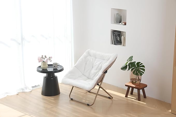 Saucer Chair, Comfy Bedroom Chairs, Oversized Folding Faux Fur Chair, Foldable Metal Frame Chair for Bedroom, Study, Playroom (White)
