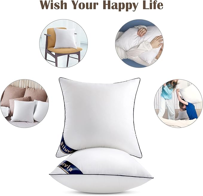 Siluvia 18"x18" Pillow Inserts Set of 2 Decorative Square Throw 18" Pillows with 100% Cotton Cover for Sofa, Couch, and Bed - White