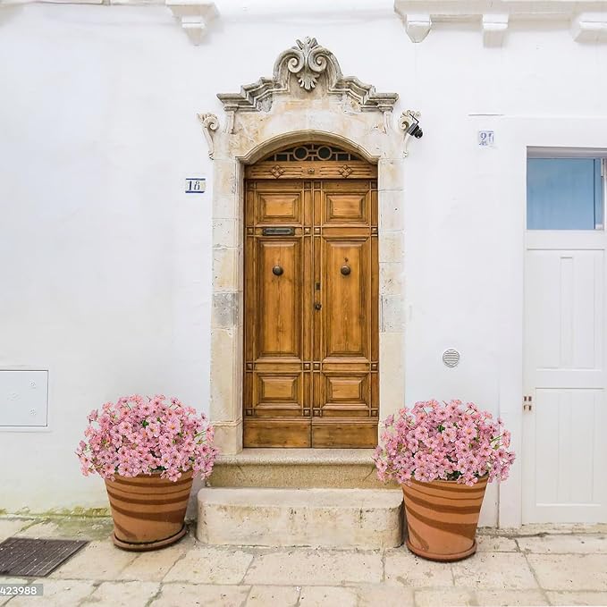 Outdoor Artificial Flowers 21 UV Resistant Bundles Fake Flower Plastic Plants Faux Silk Flowers Porch Hanging Garden Porch Window Box Decorating (Pink)