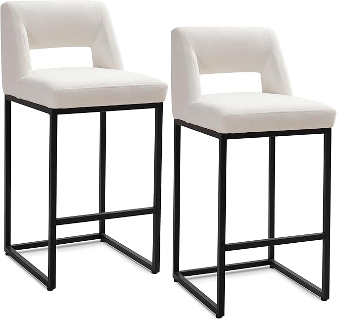 Counter Height Black and White Bar Stools Set of 2 for Kitchen Counter Modern Bar Chairs with Backs for Kitchen Island with Upholstered Fabric Seat and Metal Frame, 26 Inch