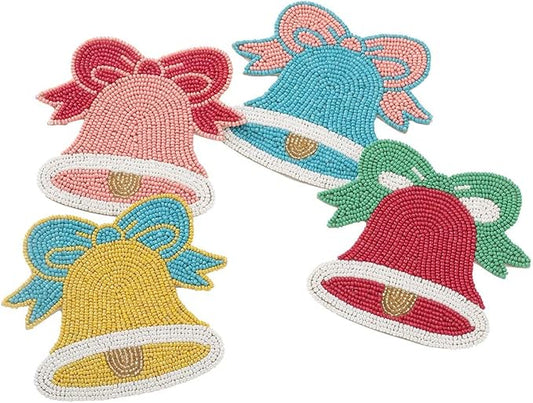 Folkulture Coasters Set of 4 | (4") Round Coaster for Coffee Table | Holiday Coasters for Christmas Décor | Coaster for Coffee Table for Cute Boho Gifts for Women | (Merry Bell)