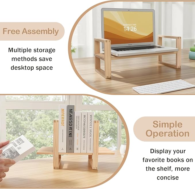 Desk Shelves Desktop Organizer Shelf-No Tools Assembly Interlocking Joints for Enhanced Stability Holds 130lbs for Desk Organizers and Bookshelf Table Top Shelving in Office--Pine Nature Wood Color