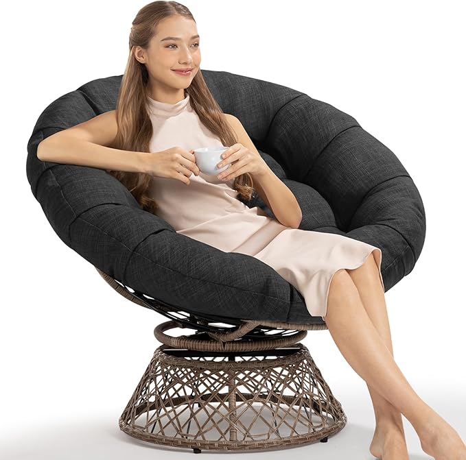 Bme 40" Ergonomic Wicker Papasan Chair with Soft Thick Cushion & Frame, 360° Swivel, Circle, Reading, Comfy Chair for Living Room, Bedroom