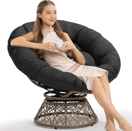 Bme 40" Ergonomic Wicker Papasan Chair with Soft Thick Cushion & Frame, 360° Swivel, Circle, Reading, Comfy Chair for Living Room, Bedroom