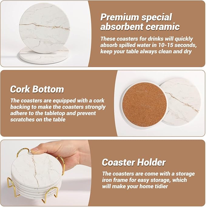 Acejoz Drink Coasters with Holder for Coffee Table, Absorbent Coasters Set of 6, Marble Style Ceramic Coaster for Wooden Table, Suitable for Kinds of Cups, Home Decor, 4 Inches(White)