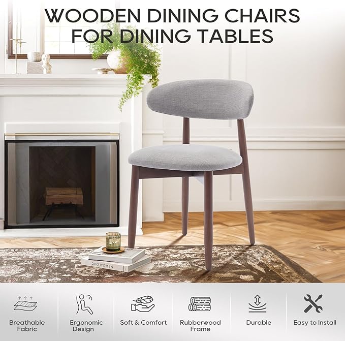 COLAMY Wooden Dining Chairs Set of 6, Modern Fabric Upholstered Dining Room Chair, Farmhouse Kitchen Chairs with Foot Pegs, Light Grey