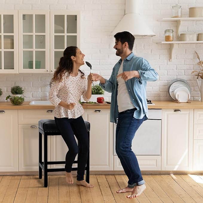 Sweetcrispy Bar Stools Set of 2, 24 Inch Counter Height Stools, PU Leather Upholstered Bar Chairs with Footrest, Modern Bar Stools for Kitchen Island, Dining, Living Room, Modern Black