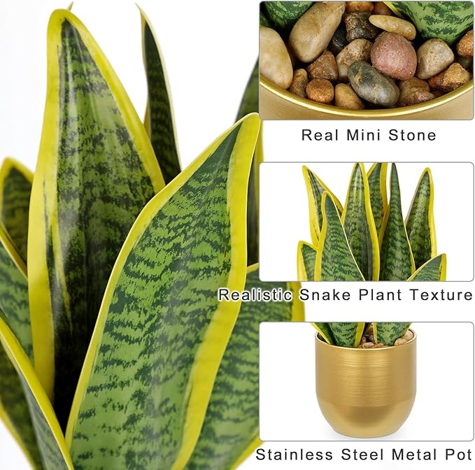 Hollyone Artificial Snake Plant Potted Faux Sansevieria Trifasciata Plants, 13" Tropical Fake Snake Plants in Gold Stainless Steel Metal Pots for Home Office Room Indoor Decor Housewarming Gifts