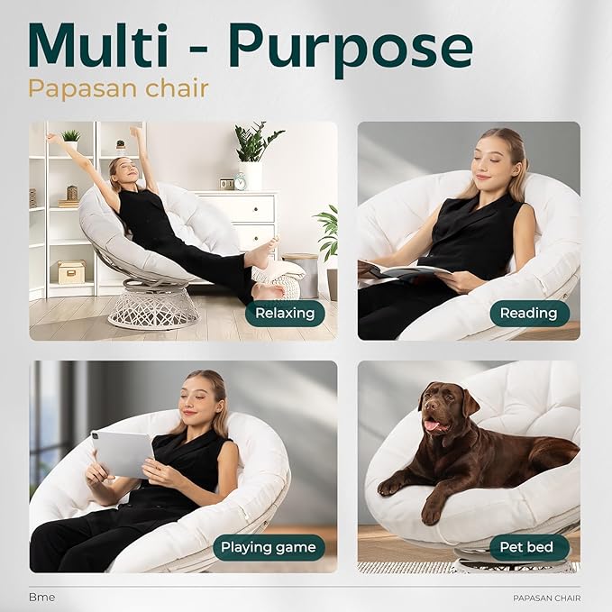 Bme 40" Ergonomic Wicker Papasan Chair with Soft Thick Cushion & Frame, 360° Swivel, Circle, Reading, Comfy Chair for Living Room, Bedroom