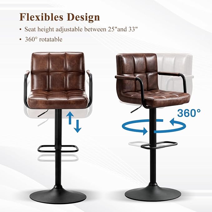 Furniliving Swivel Bar Stools Set of 4, Adjustable Kitchen Counter Height BarStools with Arms, PU Leather Upholstered Bar Chair with Back and Footrest for Dining Room, Kitchen, Pub, Bar (Darkbrown)