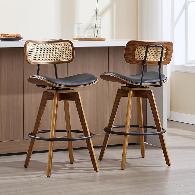 Swivel Bar Stools Set of 2, Faux Leather Counter Height Stools with Rattan Back, 26" Seat Height Upholstered Bar Chairs with Bentwood Wood Frame for Kitchen Island - Black
